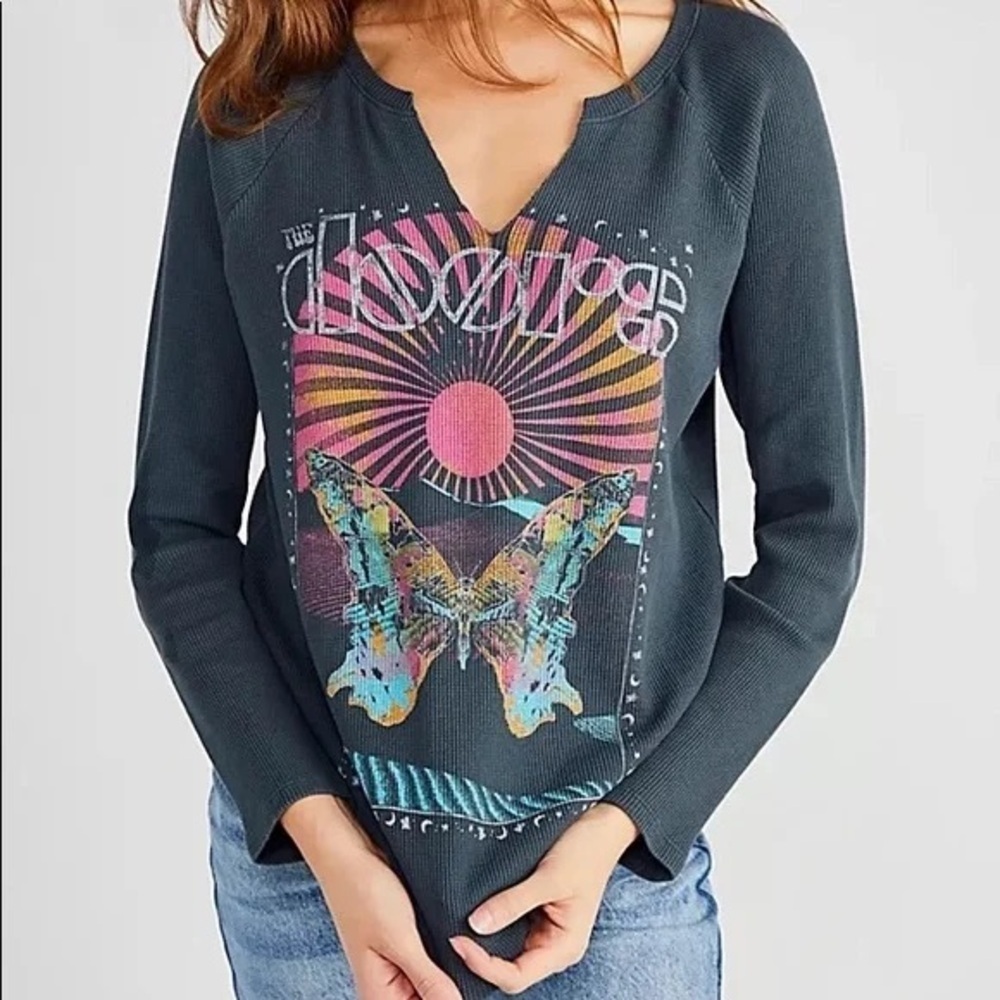 Daydreamer x Free People The Doors Grey Waffle Knit Graphic Long Sleeve T sz M - Picture 4 of 8